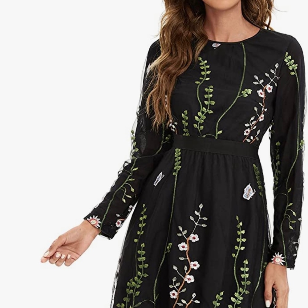 Perfect for holiday party! Black with embroidered flowers on sheer overl…